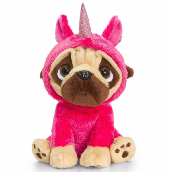 Keel Toys Pugsley Pug in Unicorn Onesie Dark Pink 30 cm Soft Toy